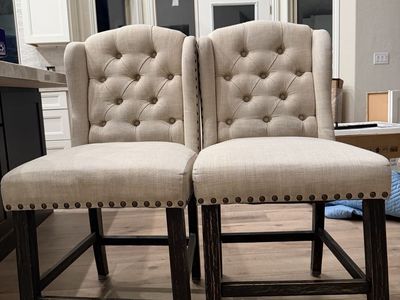 Pair of Upholstered Tufted Wingback Bar Stools with Nailhead Trim - Counter Height Chairs