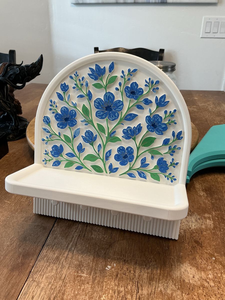 Decorative Wall Shelf with Blue Floral Design - White Plastic Wall-Mountable Accent Shelf