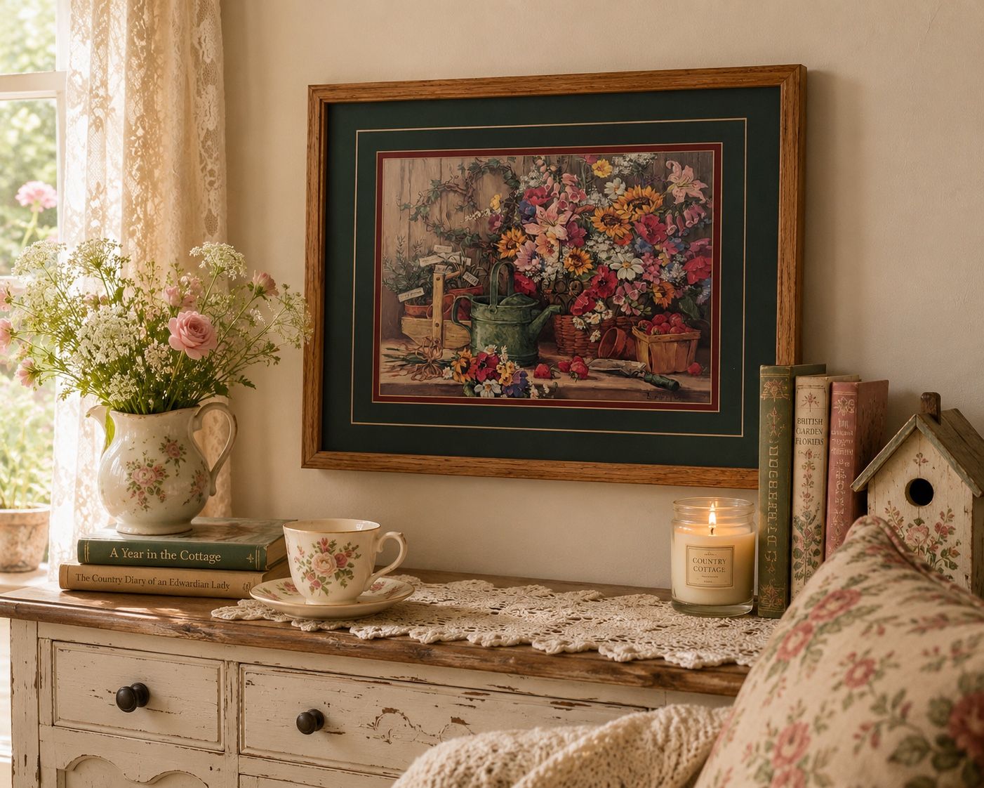 Cottagecore Floral Still Life Framed Art Print, Wooden Frame, Green Matting