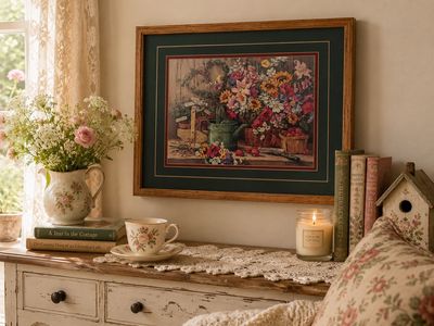 Cottagecore Floral Still Life Framed Art Print, Wooden Frame, Green Matting