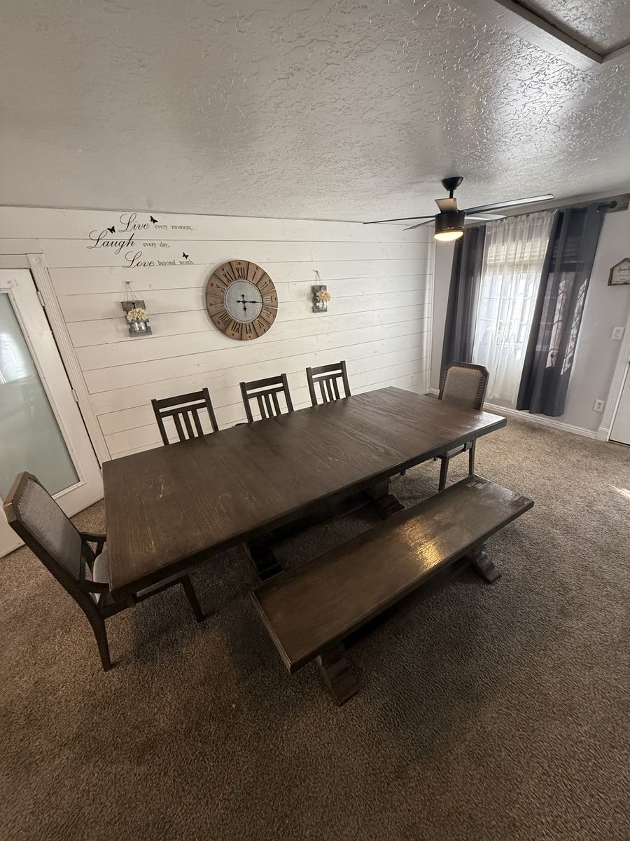 Ashley Furniture Expandable Dining Table Set with Chairs and Bench - Dark Wood Finish
