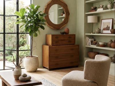 Vintage Mid Century 5-Drawer Teak Wood Chest of Drawers w/Integrated Hand Sculpted Drawer Pulls, Shadow Box Side Profile & Dark-