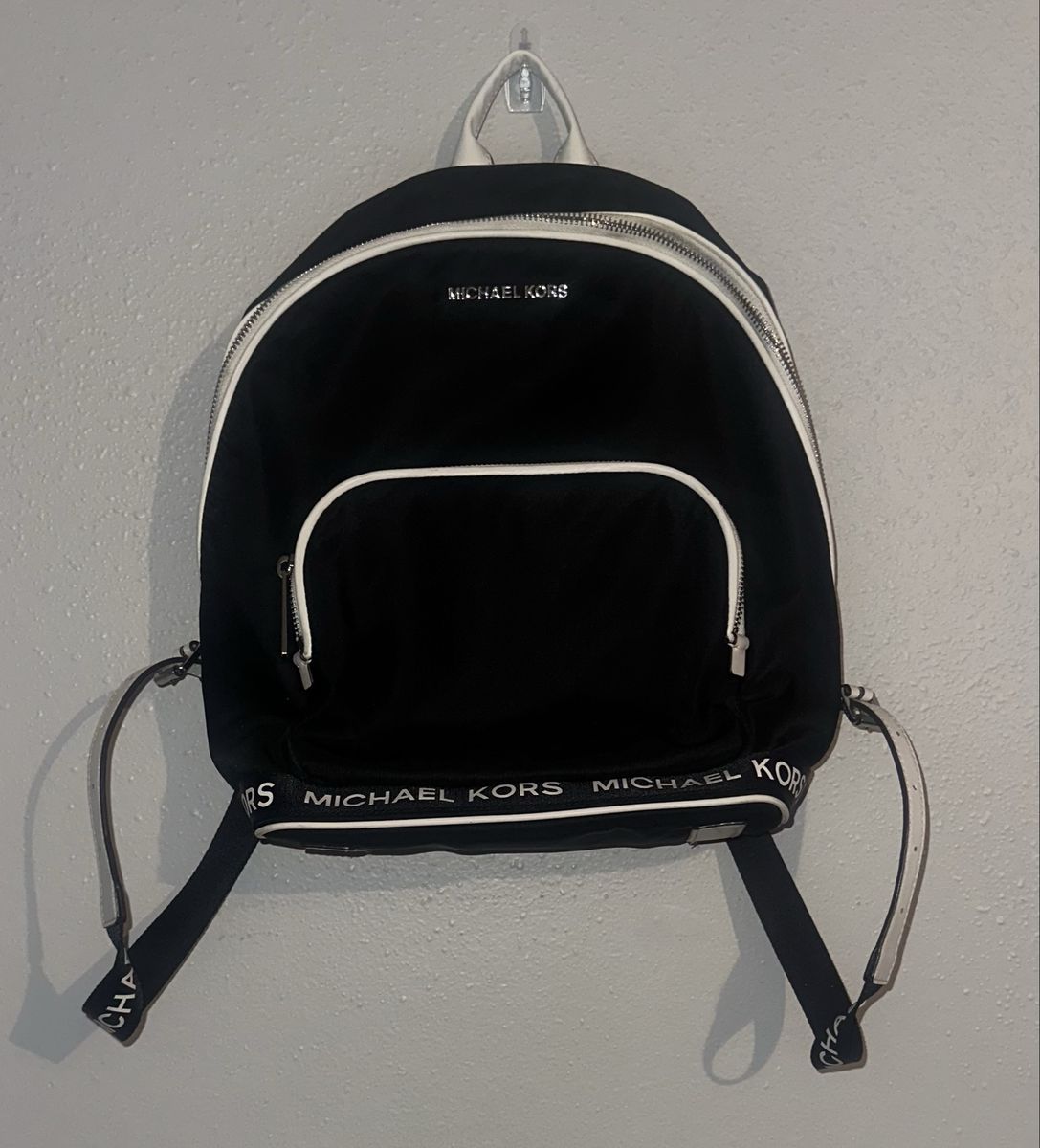 Michael Kors Black and White Nylon Backpack, Silver-Tone Hardware, Adjustable Straps