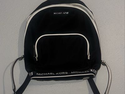 Michael Kors Black and White Nylon Backpack, Silver-Tone Hardware, Adjustable Straps