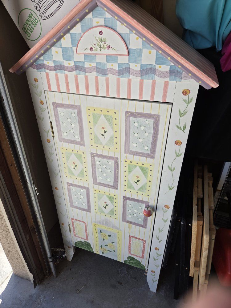 Whimsical Hand-Painted Cottage-Core Storage Cabinet/Armoire - Perfect for Kids' Room or Entryway