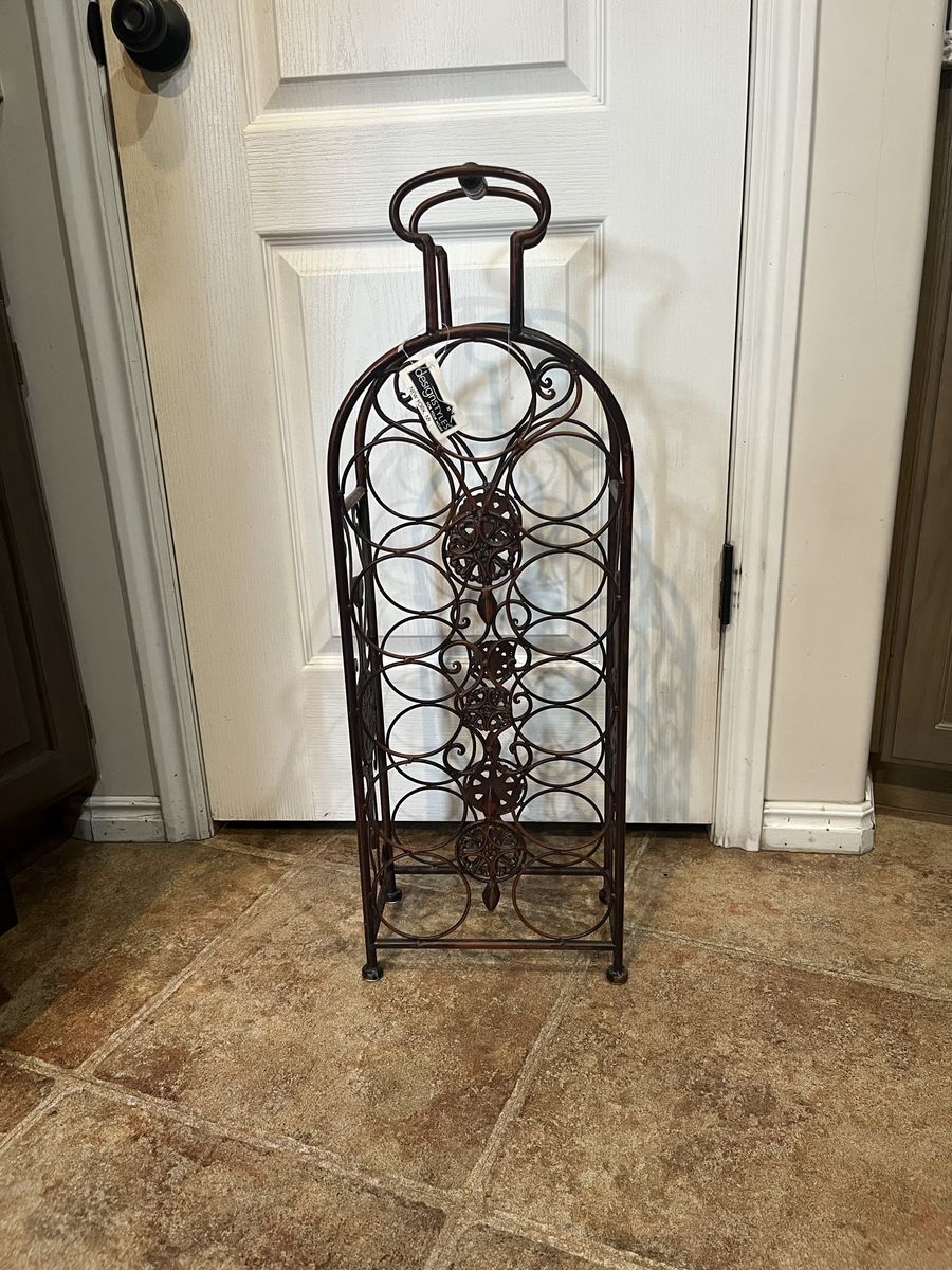 Ornate Wrought Iron Wine Rack, Rustic Bronze Finish, 12-Bottle Capacity, Freestanding