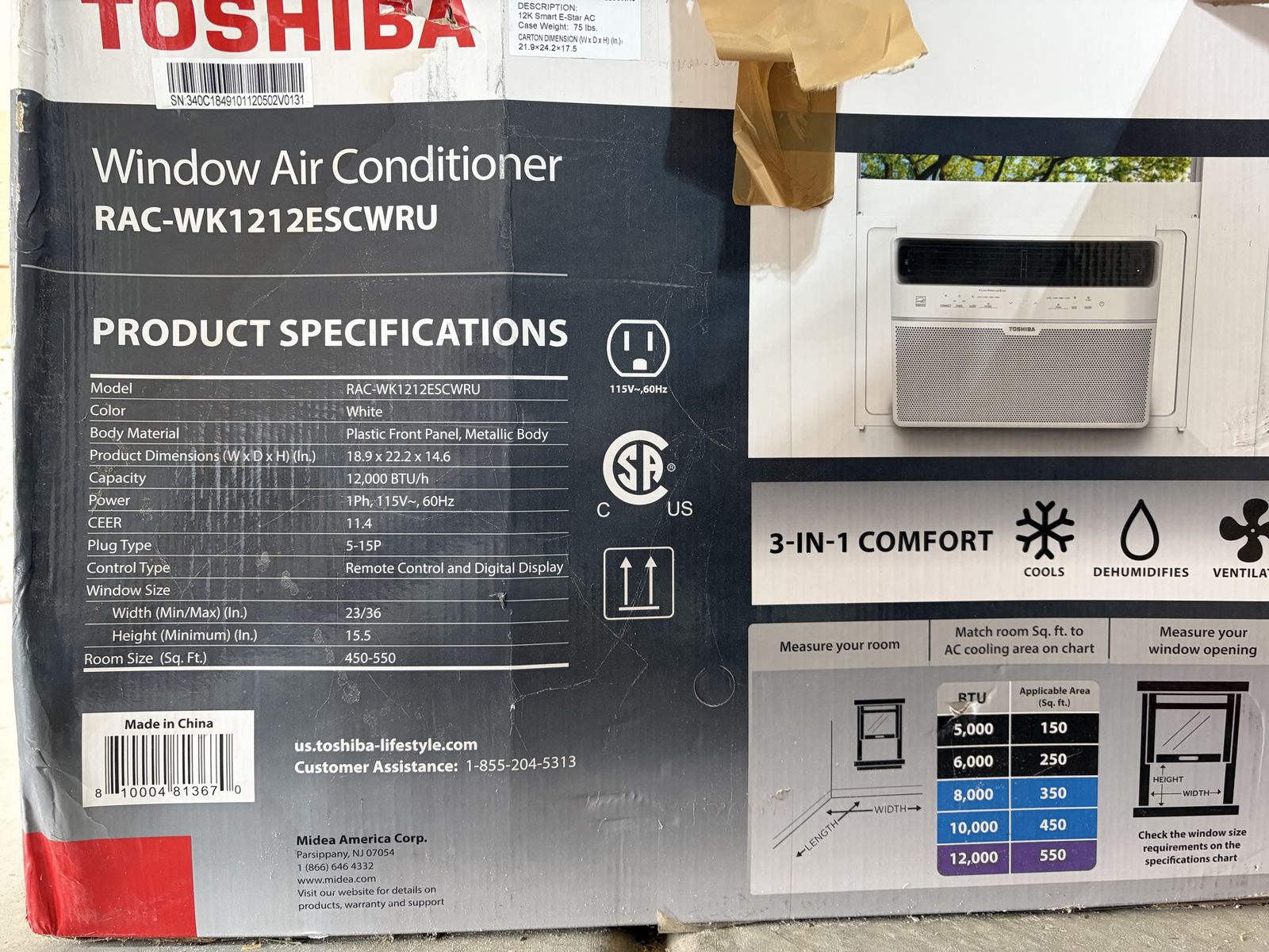 Toshiba RAC-WK1212ESCWRU 12,000 BTU Window Air Conditioner - 3-in-1 Comfort, White