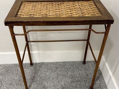 Vintage Woven Rattan Top Accent Side Table with Wood Frame & Metal Legs