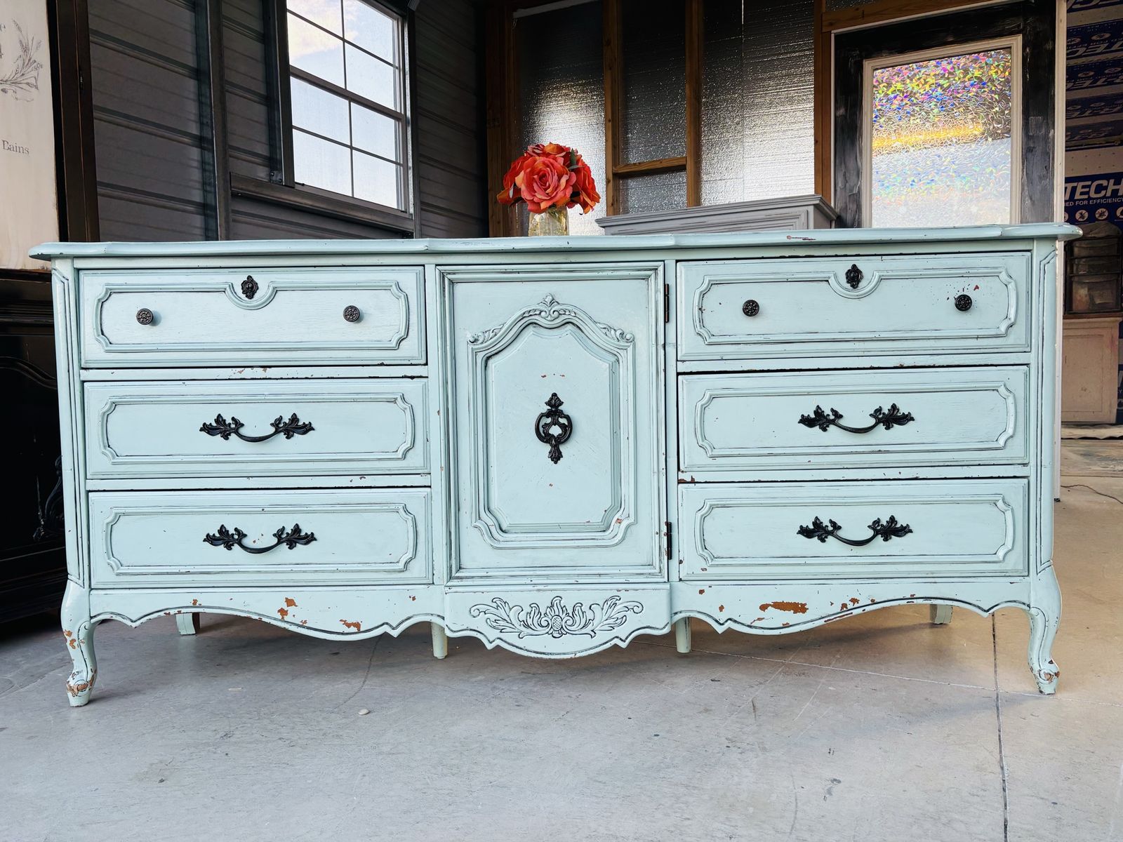 Vintage French Provincial Style Dresser Credenza in Light Blue with Distressed Finish and Ornate Hardware