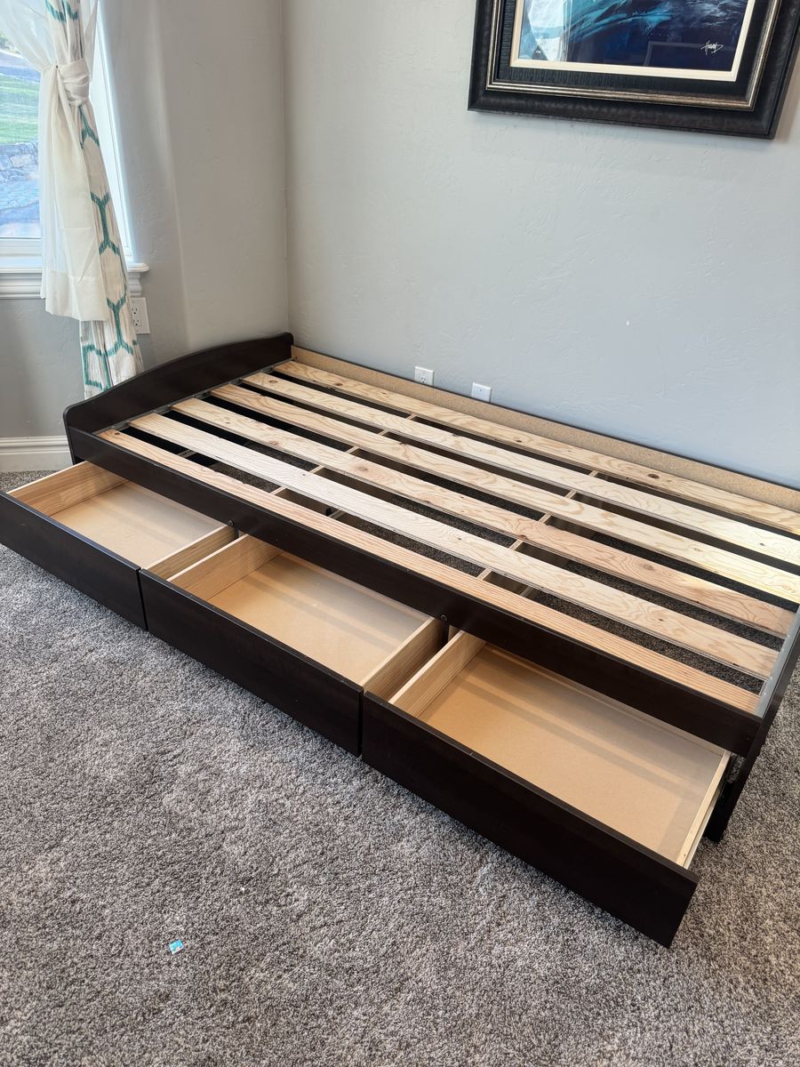 Twin Size Platform Bed Frame with 3 Storage Drawers - Dark Wood Finish