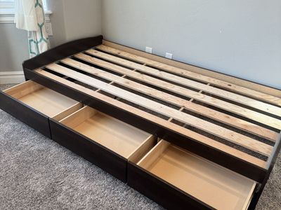 Twin Size Platform Bed Frame with 3 Storage Drawers - Dark Wood Finish