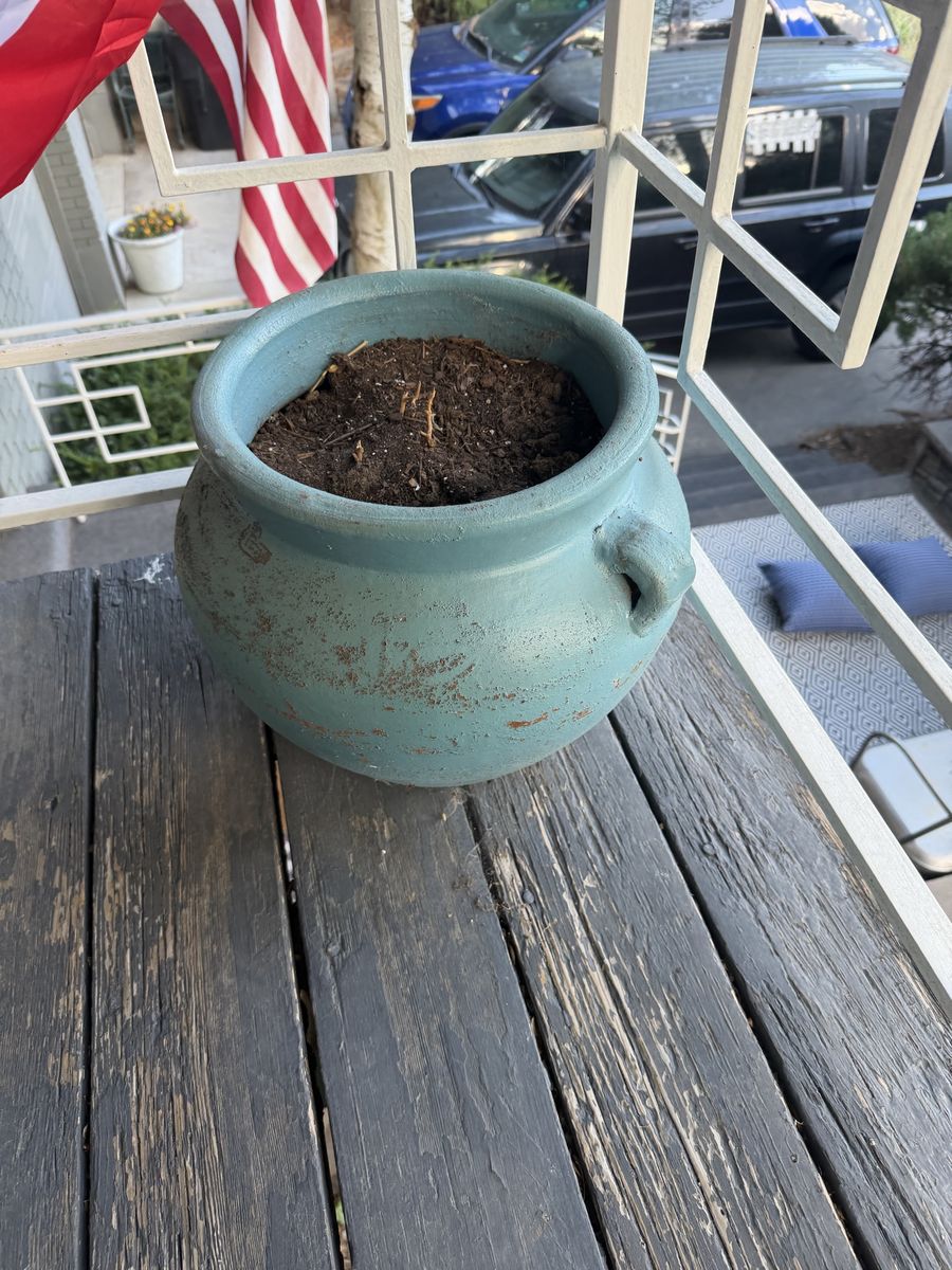 Turquoise pot with dirt