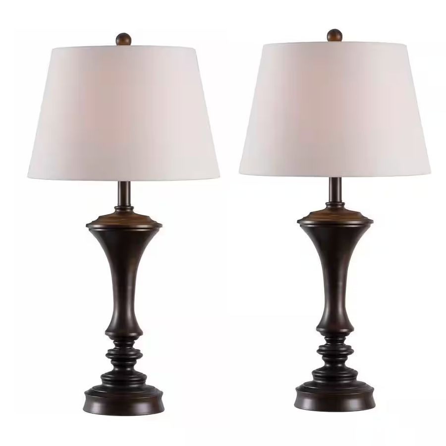 2-Piece Traditional Bronze Table Lamp Set with Cream Fabric Shade, 27" Tall