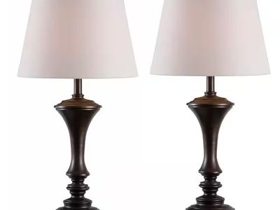 2-Piece Traditional Bronze Table Lamp Set with Cream Fabric Shade, 27" Tall