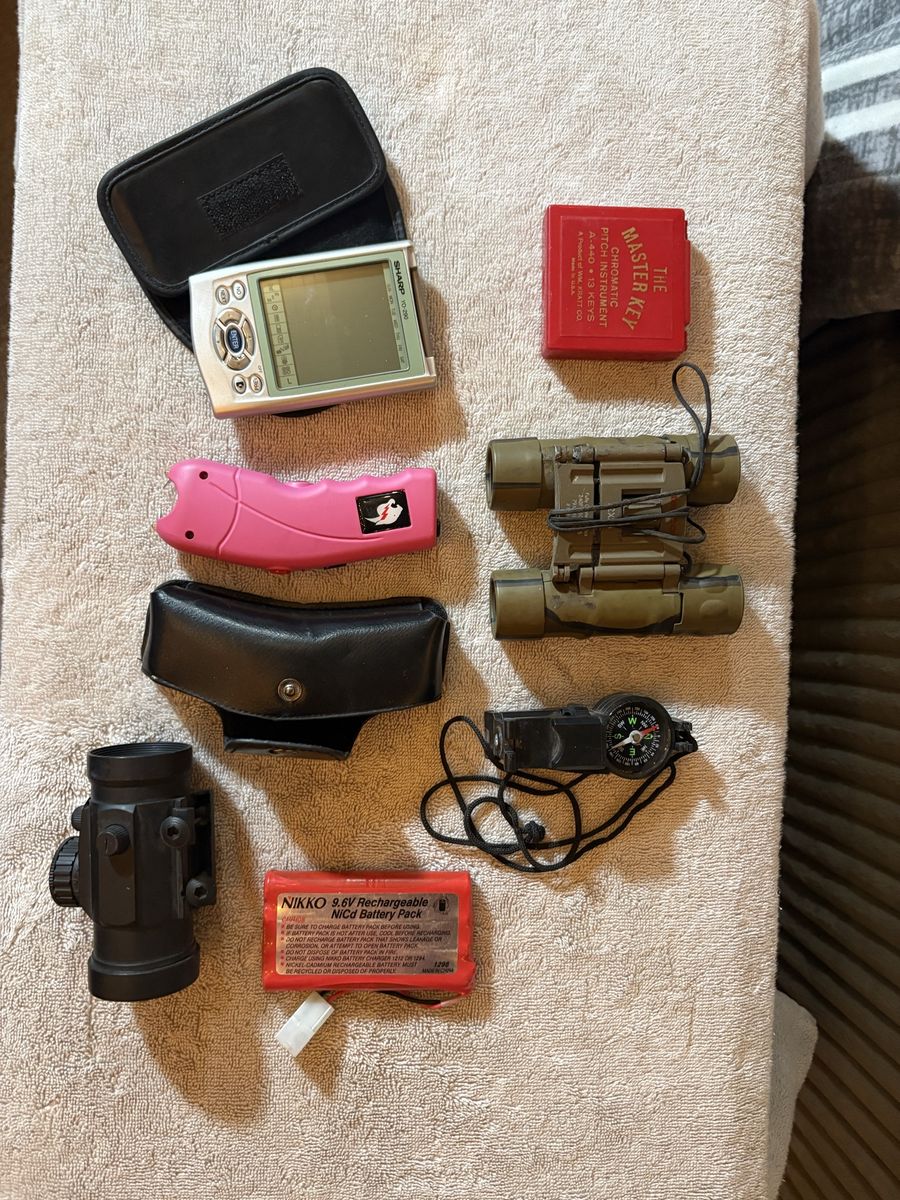 Sharp YO-290 Electronic Organizer with Case - Used, Untested/pink taser/army binoculars/compass, and sight /rechargeable 9.6 bat