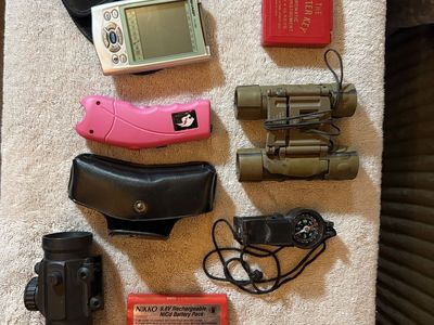 Sharp YO-290 Electronic Organizer with Case - Used, Untested/pink taser/army binoculars/compass, and sight /rechargeable 9.6 bat