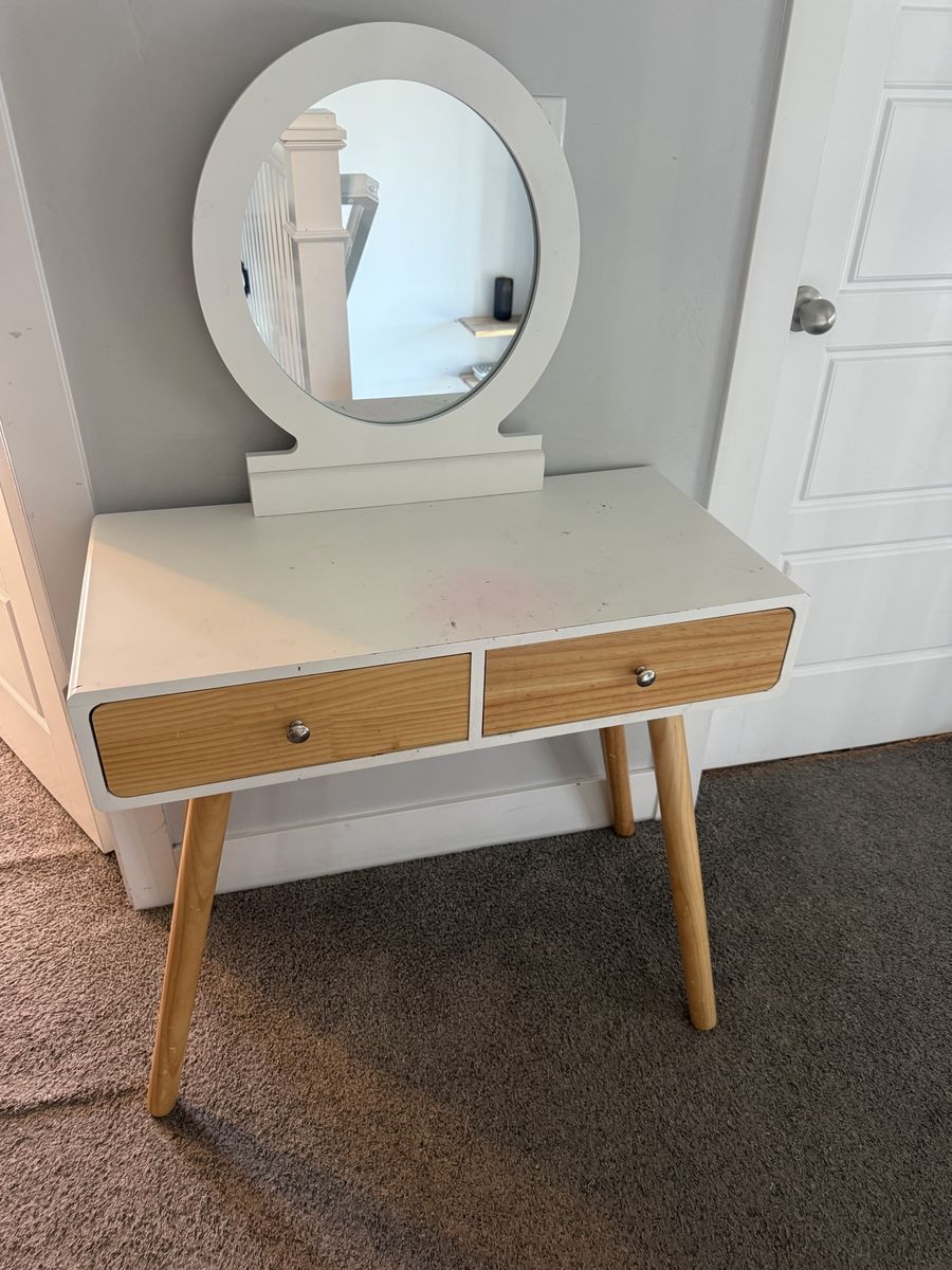 White Vanity Desk with Mirror, 2-Drawer Wood & White Finish, Mid-Century Modern Style
