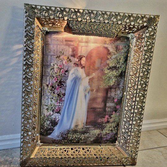 Vintage Jesus Light of the World Illuminated Picture Gold Ornate Frame 16.5" x 13"