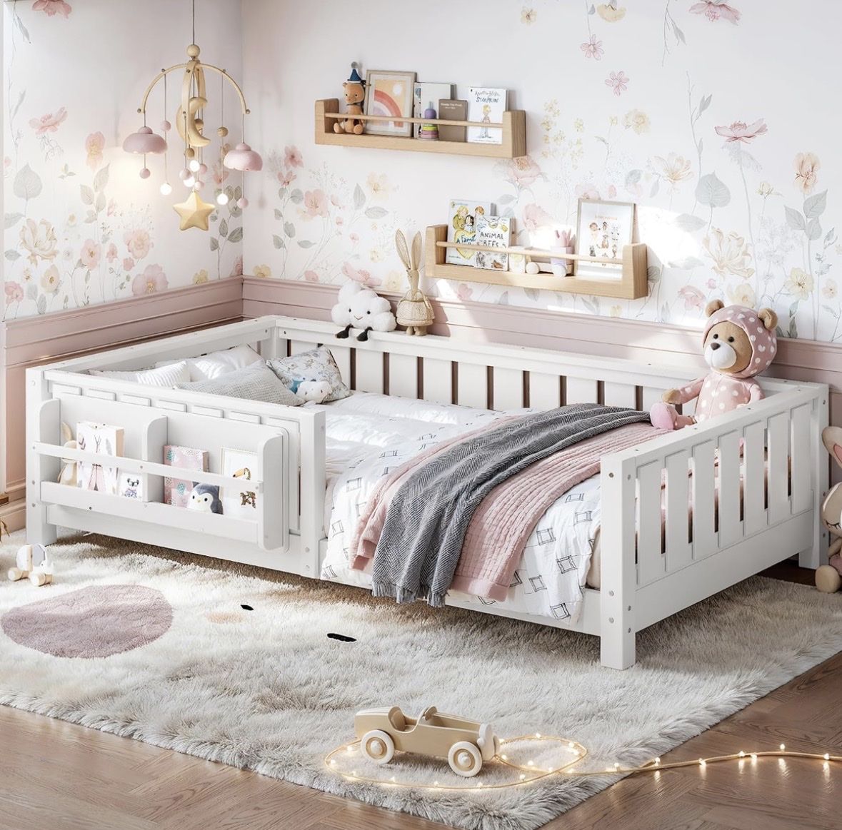 White Twin Toddler Floor Bed Frame with Safety Guardrails & Storage
