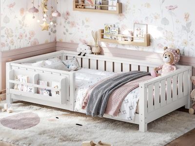 White Twin Toddler Floor Bed Frame with Safety Guardrails & Storage
