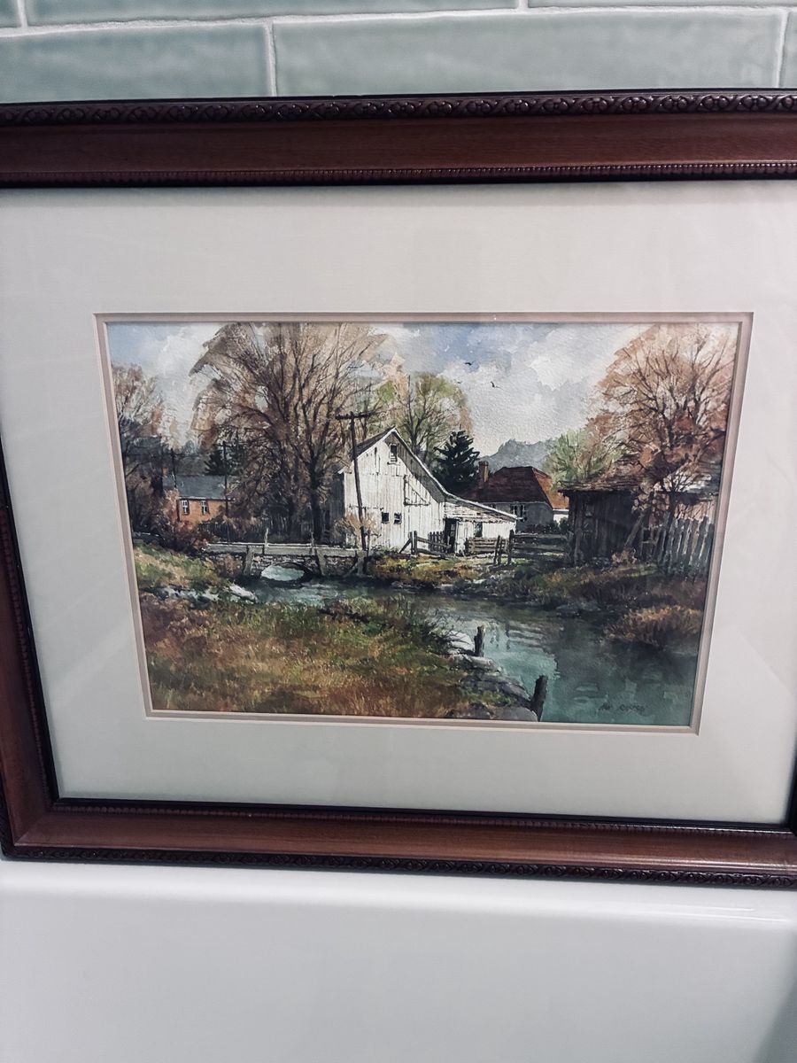 Ian Ramsey Oringinal Framed Watercolor Painting: "Early Spring in Vermont" - Rustic Barn Landscape Art