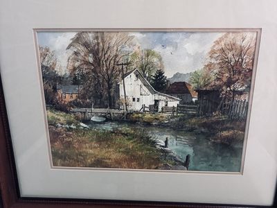 Ian Ramsey Oringinal Framed Watercolor Painting: "Early Spring in Vermont" - Rustic Barn Landscape Art