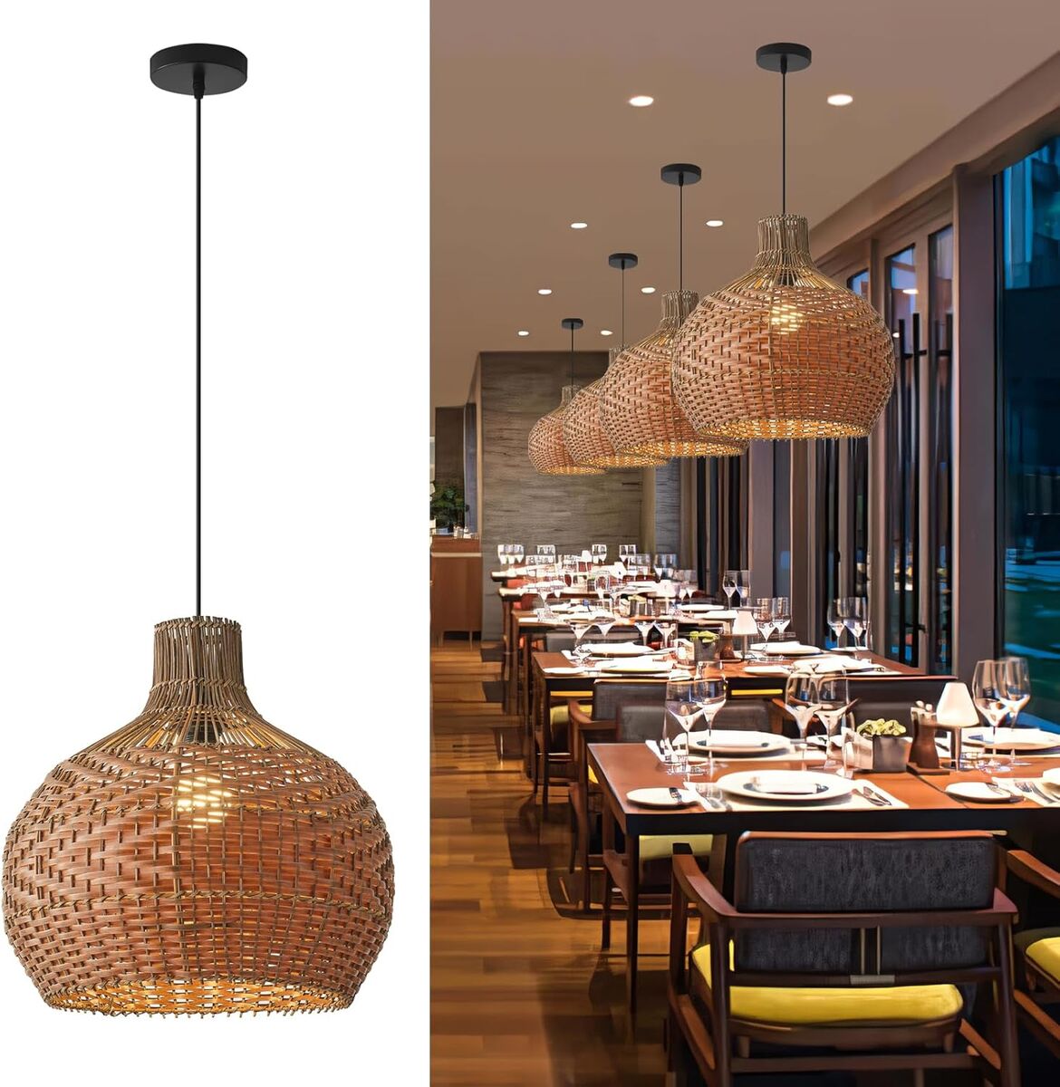 Bamboo Pendant Light Fixture,19.7" Brown Hand-Woven Rattan Boho Hanging Lamp