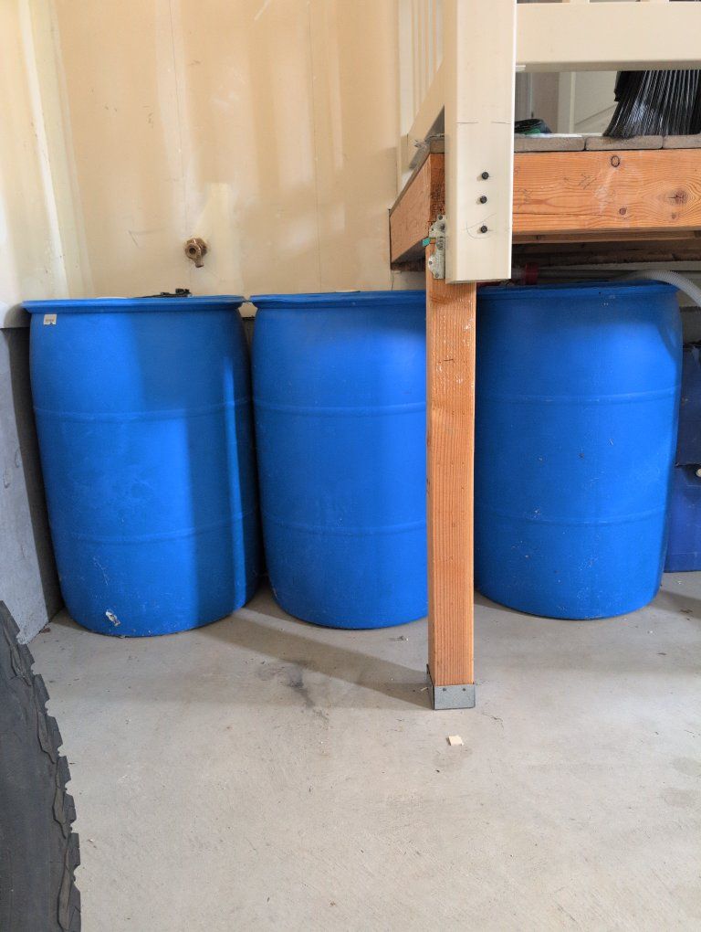 3 55 gallon Blue Plastic water Storage Barrels with Pump and opening tool