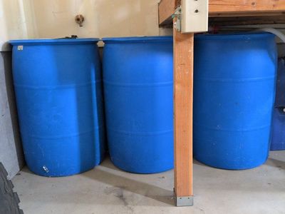 3 55 gallon Blue Plastic water Storage Barrels with Pump and opening tool