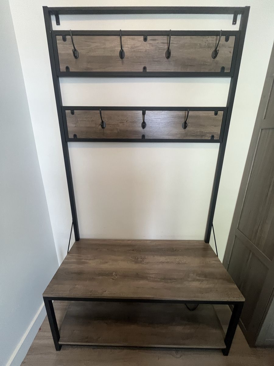 Industrial Style Hall Tree with Bench & 8 Hooks - Rustic Brown & Black Metal Entryway Organizer