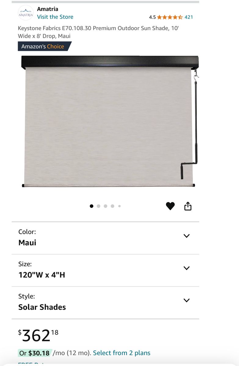Outdoor Sun Shade - 10'W x 8' Drop
