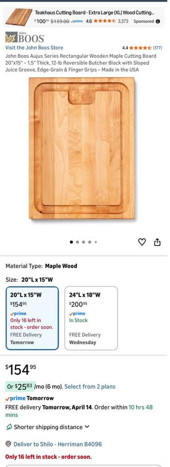 John Boos Aujus Series Rectangular Wooden Maple Cutting Board