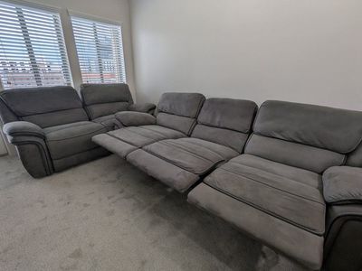 Grey Microfiber Reclining Sofa and Loveseat - each seat reclines and comes apart!