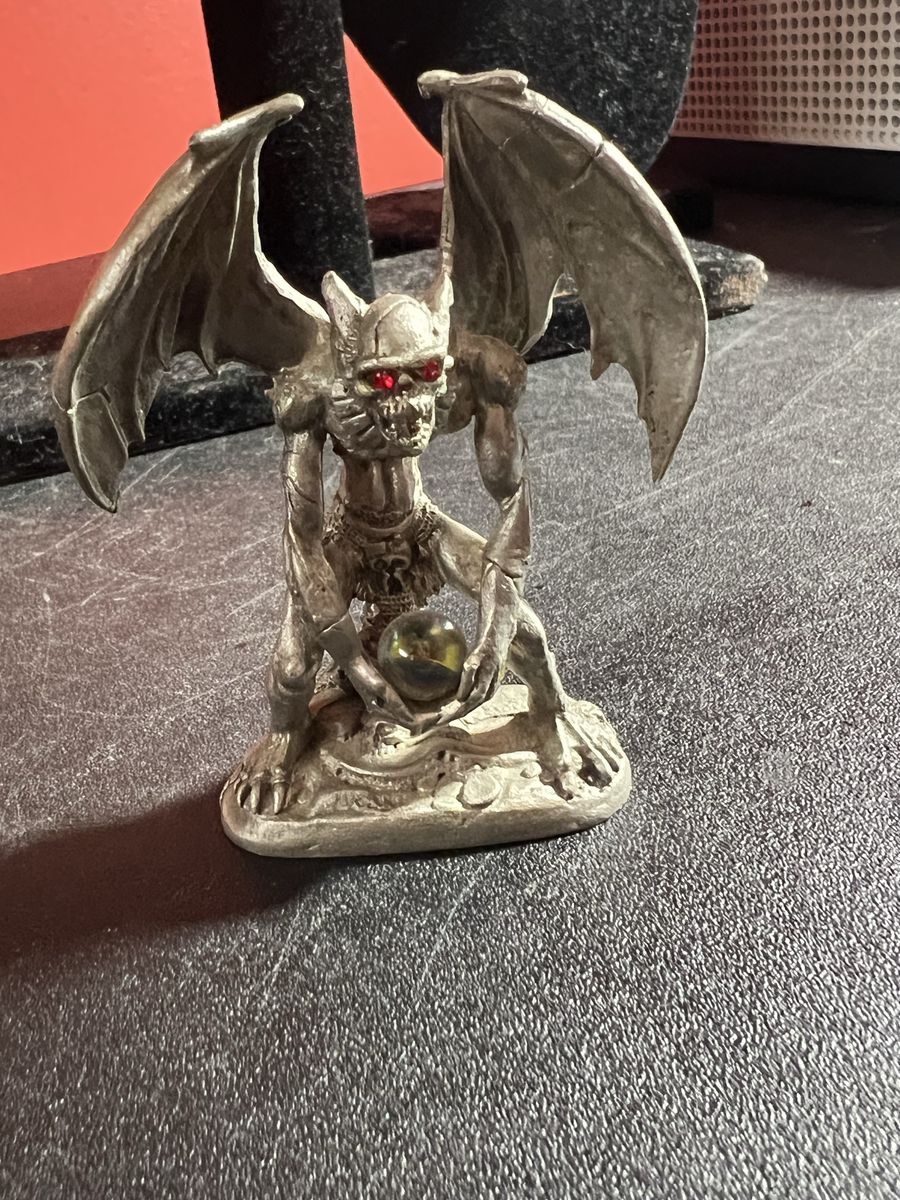Vintage Pewter Gargoyle Figurine Red Eyes Green Orb by J.A. Murch '95 Fantasy Decor