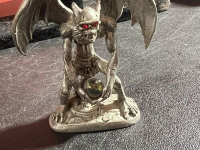 Vintage Pewter Gargoyle Figurine Red Eyes Green Orb by J.A. Murch '95 Fantasy Decor