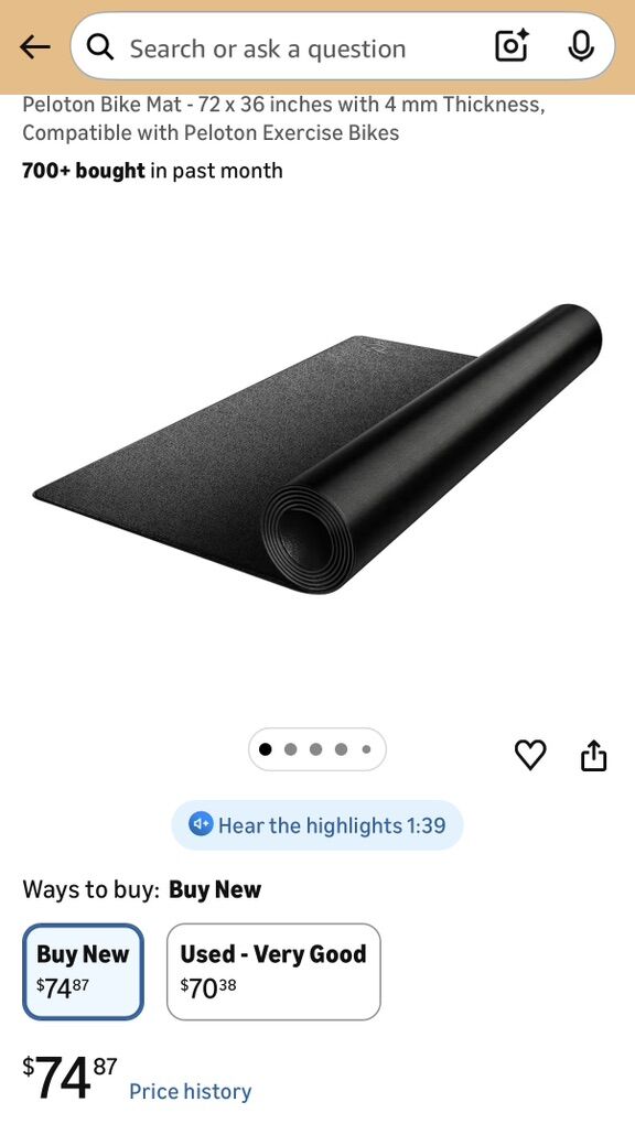 NEW! Peloton Bike Mat - 72 x 36