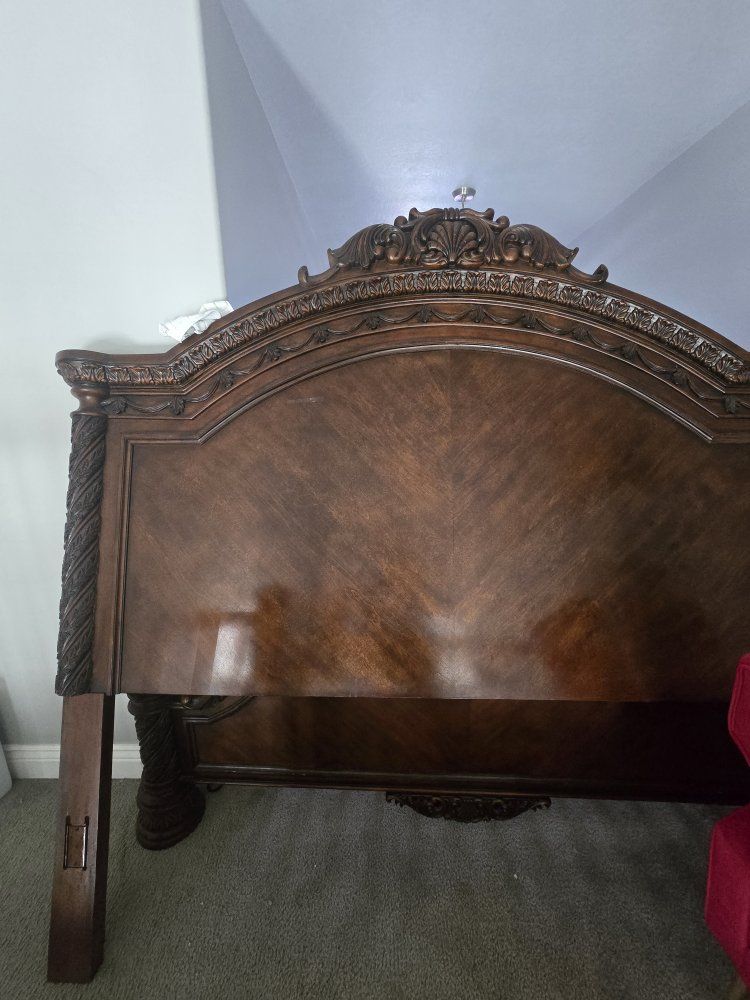 Ornate Dark Wood King Size Headboard with Carved Details - Traditional Style