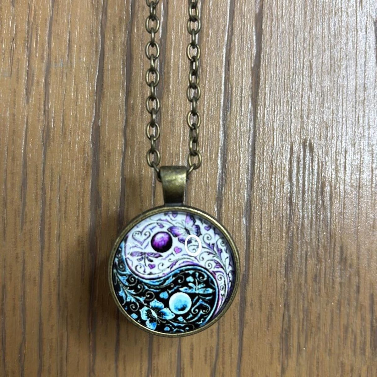 Yin and Yang Round Pendant Necklace Bronze Tone Chain Bohemian Hippie Style