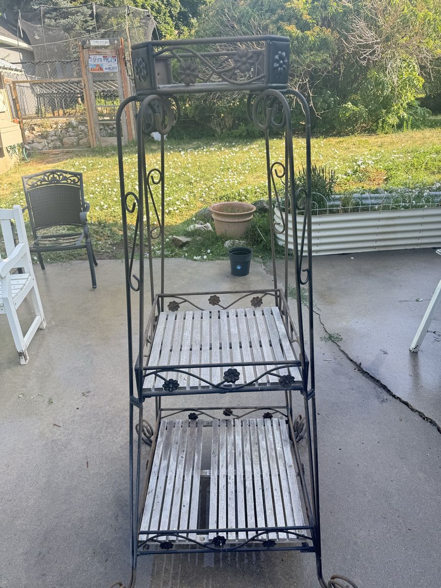 Giant iron and wood plant stand