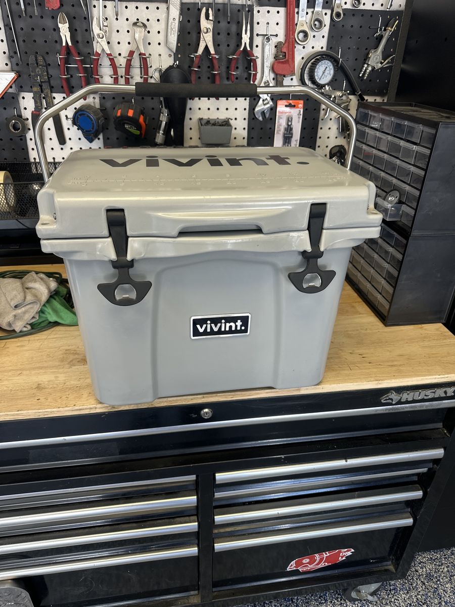 Vivint Branded Gray Cooler with Bottle Openers and Metal Handle - Excellent Condition