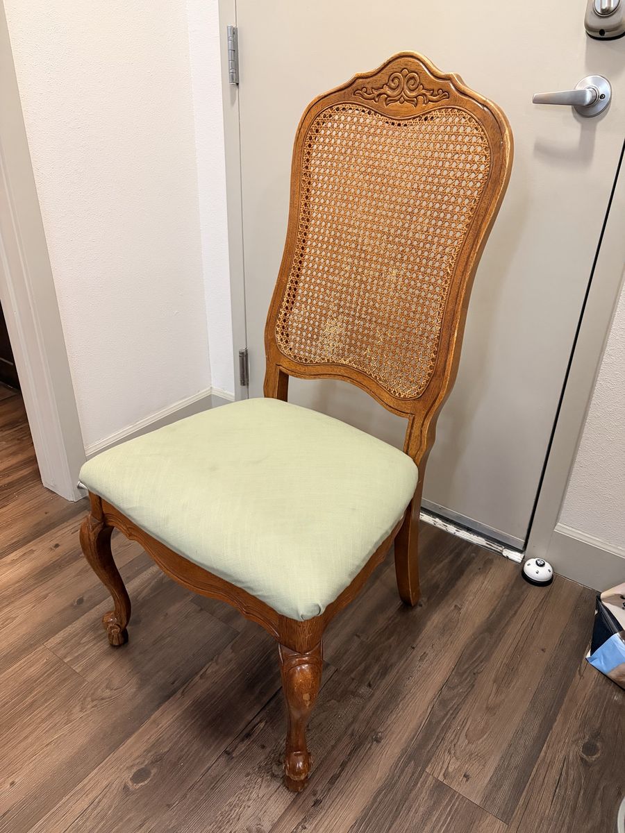 Vintage Wooden Dining Chair with Cane Back and Light Green Upholstered Seat