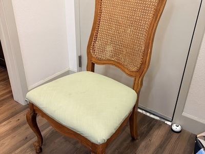 Vintage Wooden Dining Chair with Cane Back and Light Green Upholstered Seat