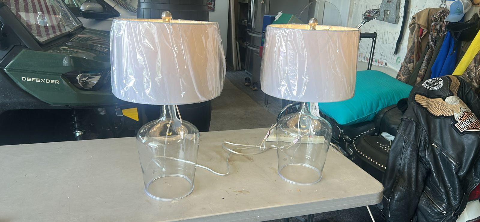 Pair of Clear Glass Table Lamps with White Shades