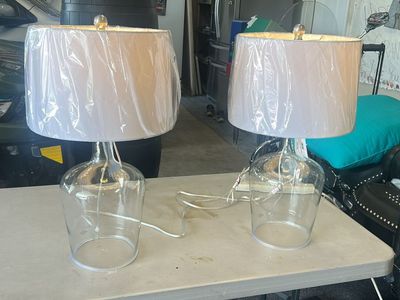 Pair of Clear Glass Table Lamps with White Shades