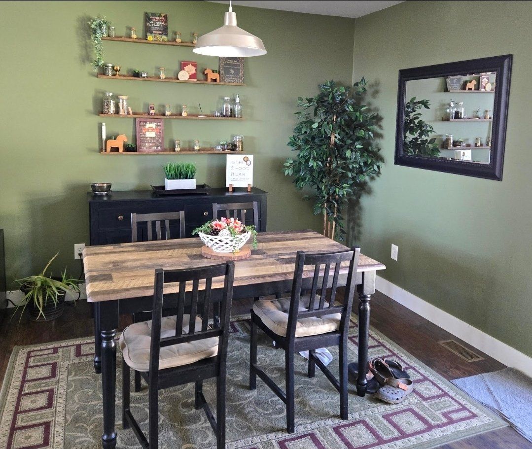 Rustic Wood Dining Table with Black Base and 4 Matching Chairs, cushions  AND Rug!