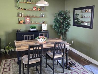 Rustic Wood Dining Table with Black Base and 4 Matching Chairs, cushions AND Rug!