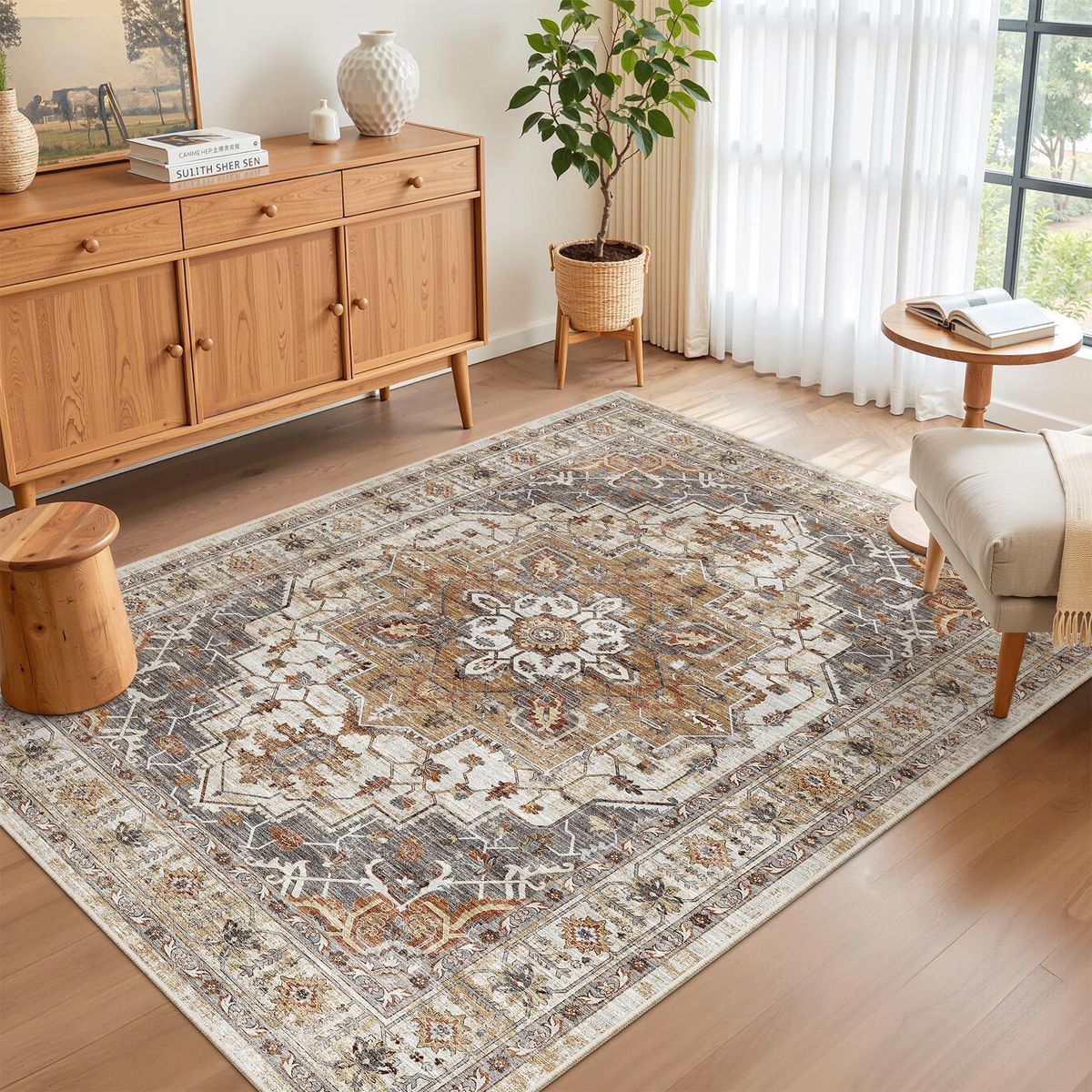 Madane Area Rug 4x6 Washable Rugs: Vintage Living Room Rug Soft Low Pile Non Slip Area Rugs Distressed Indoor Floor Carpet for B