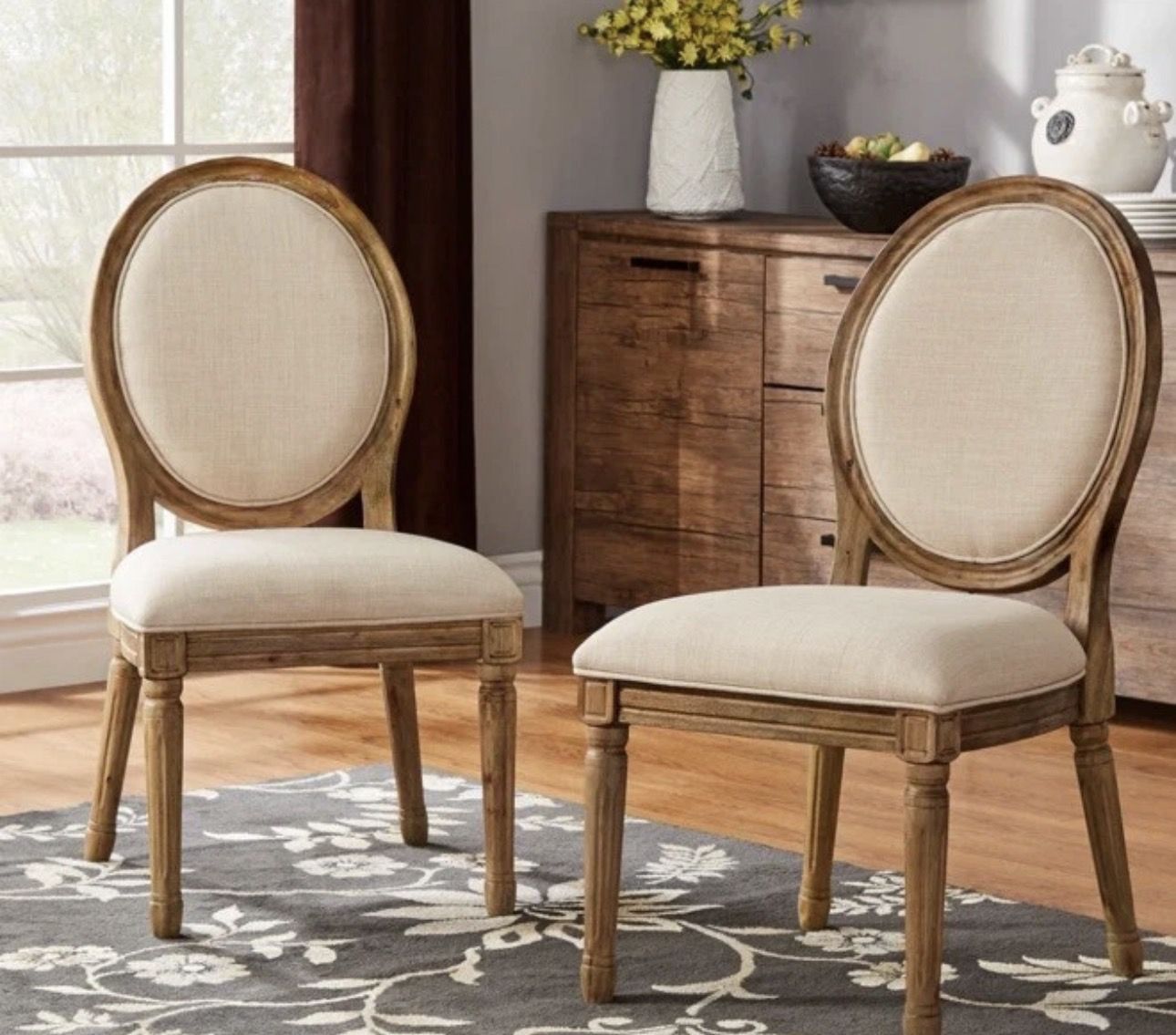 Round Linen and Wood Dining Chairs (Set of 2)