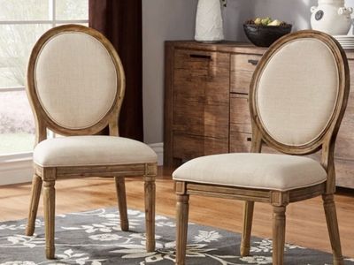 Round Linen and Wood Dining Chairs (Set of 2)