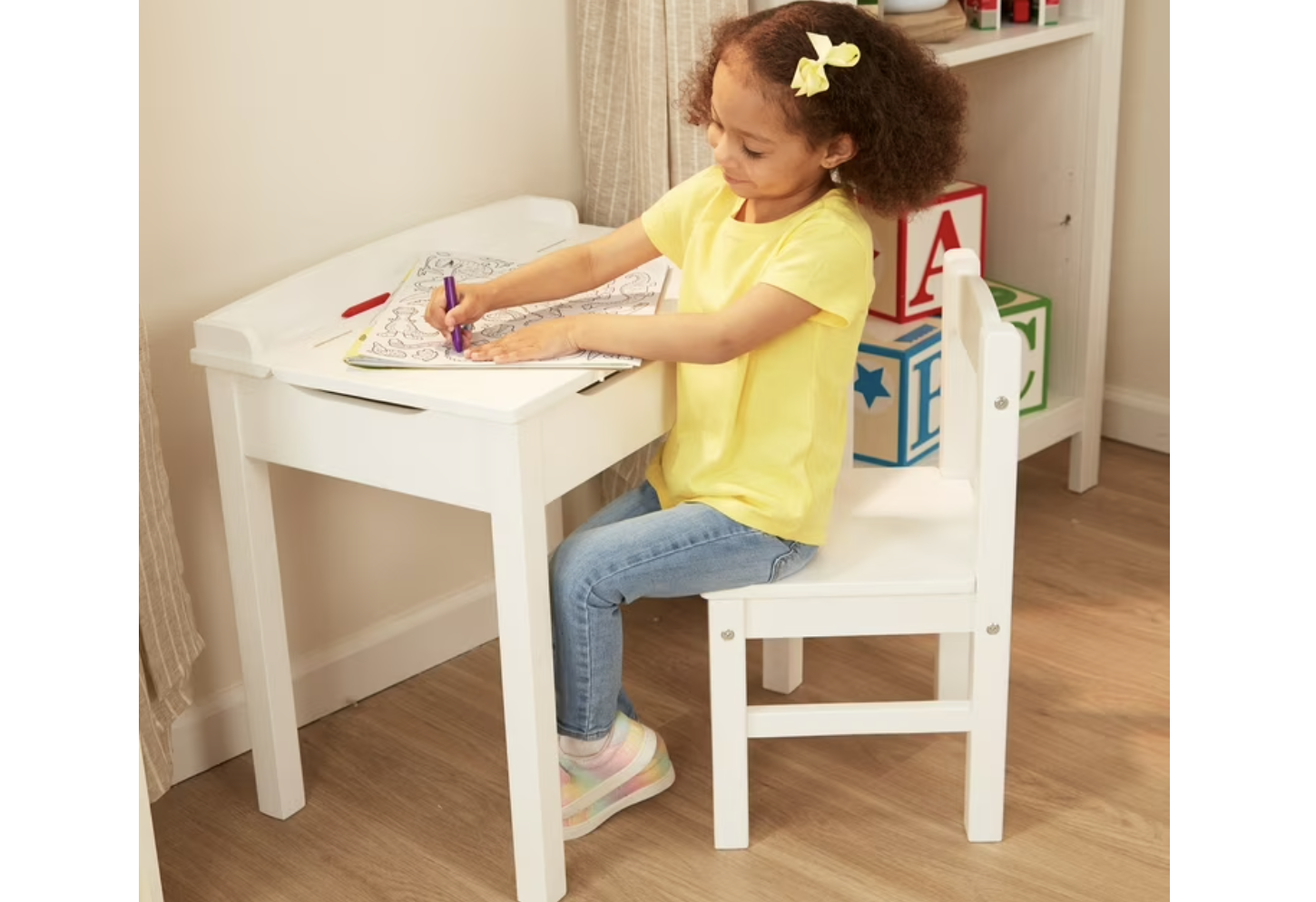 New in Box Wooden Child's Lift-Top Desk & Chair, White